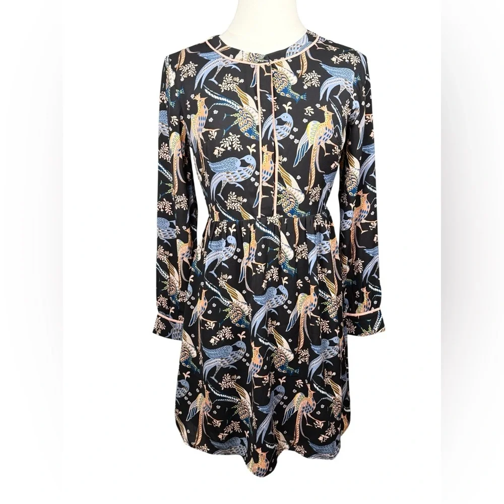 Ann Taylor Loft Long Sleeve Bird Print Dress in Black & Pastels Size 00P - Picture 2 of 9